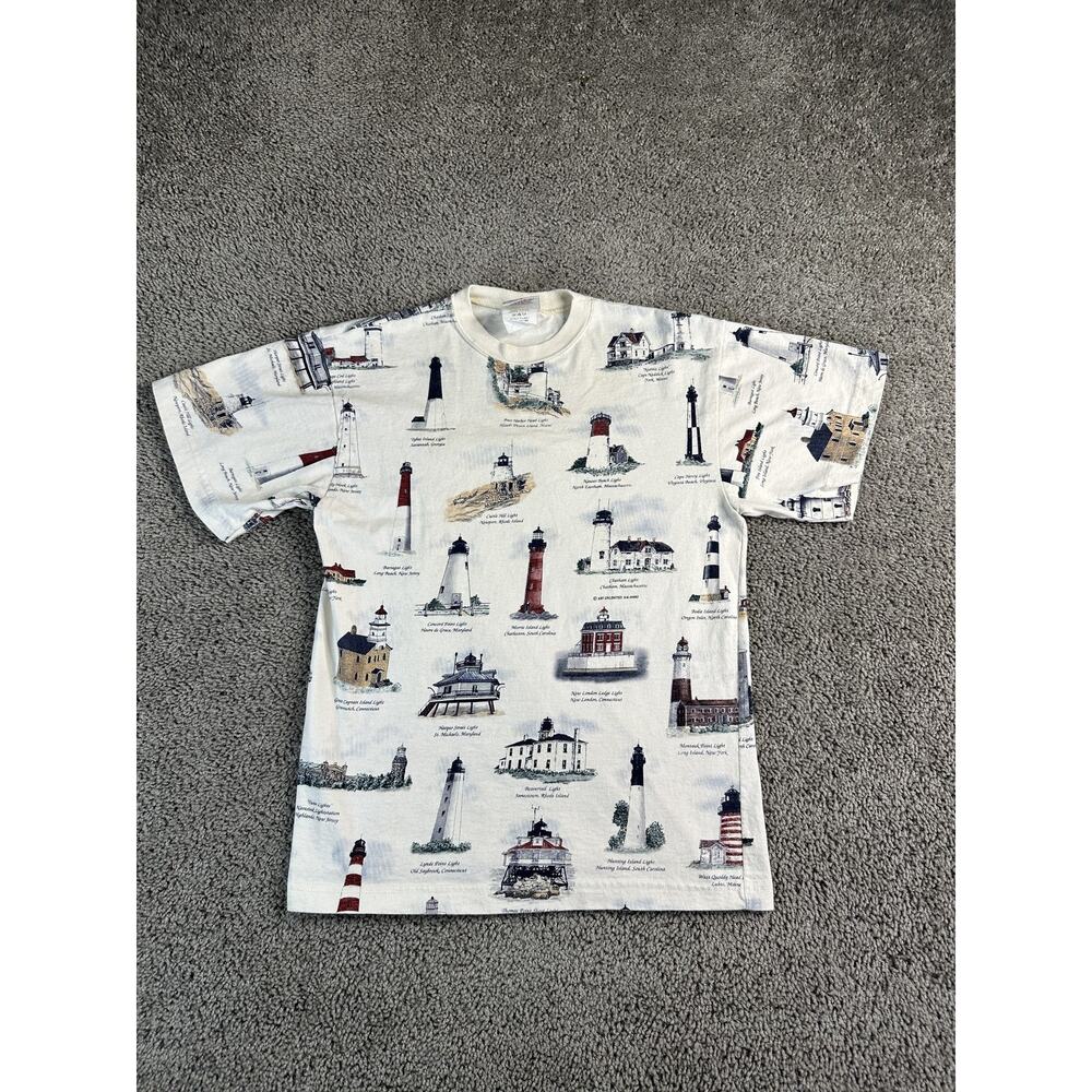 VINTAGE Art Unlimited Shirt Mens Small White Lighthouse Graphic All Over USA 90s